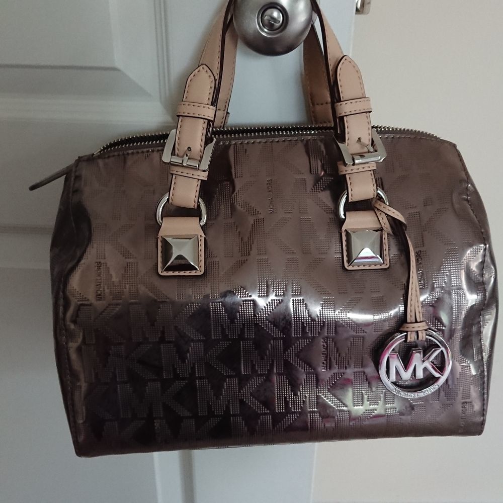 MICHAEL Michael Kors Metallic Brown Logo Satchel with Tan Handles
